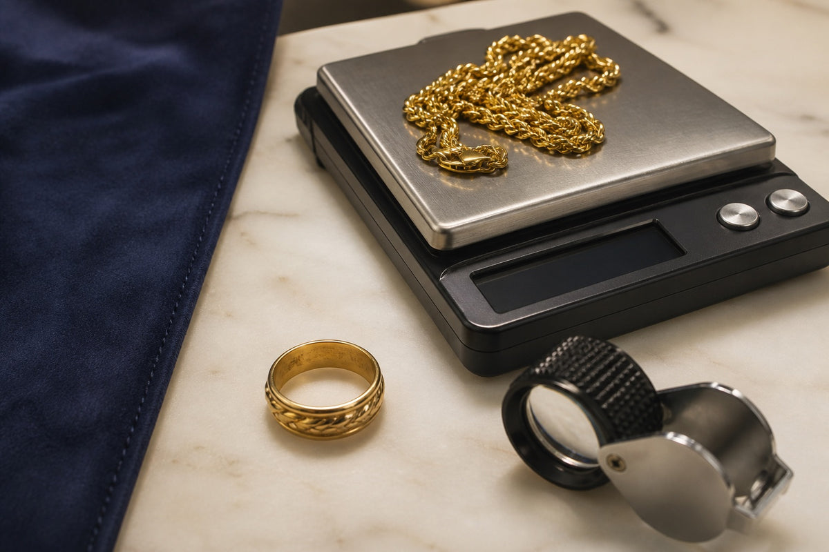 Gold jewelry being weighed for a professional evaluation