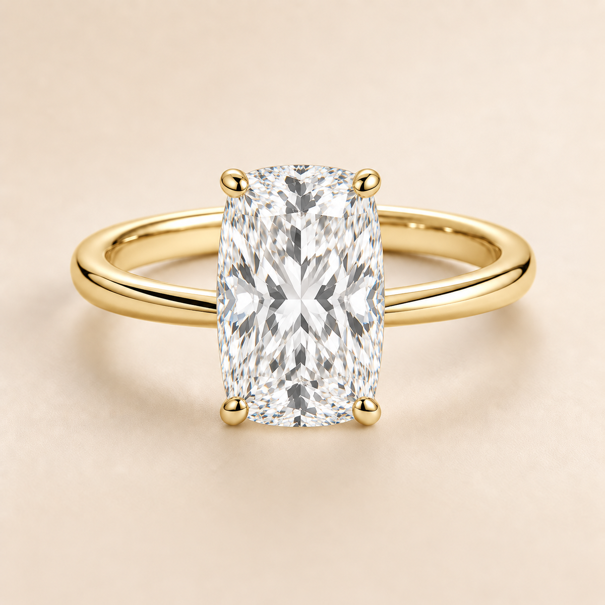 Elongated Cushion solitaire engagement ring in Yellow Gold — front view