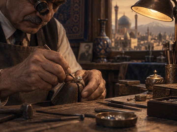 Historical illustration of an older master jeweler working carefully at a traditional bench