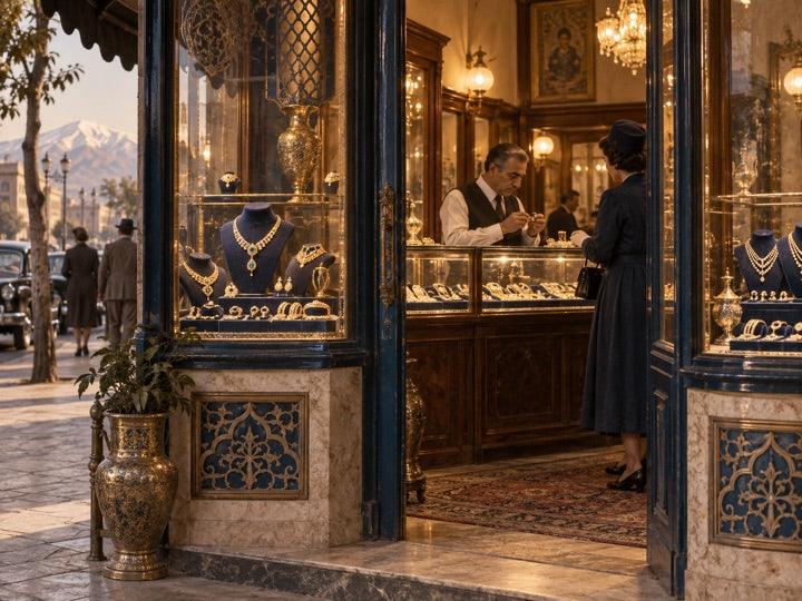 Historical illustration of a Tehran jewelry storefront and its display