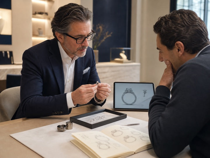 Modern private jewelry consultation with ring sketches, diamonds, and a CAD design