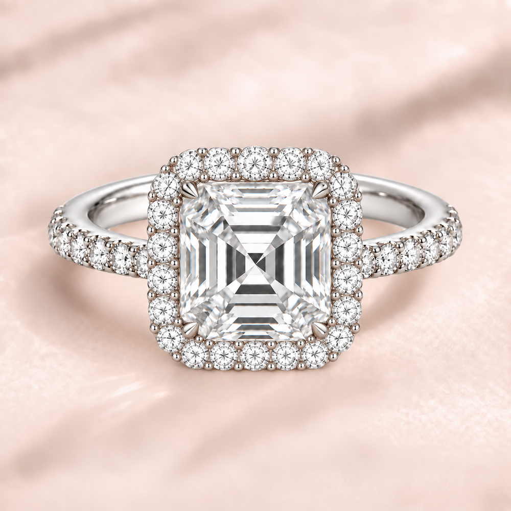 Asscher Halo Diamond Band in White Gold, front view