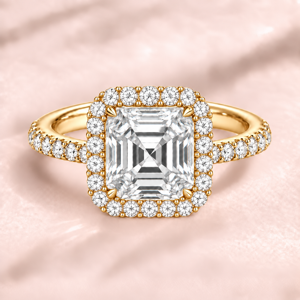Asscher Halo Diamond Band in Yellow Gold, front view