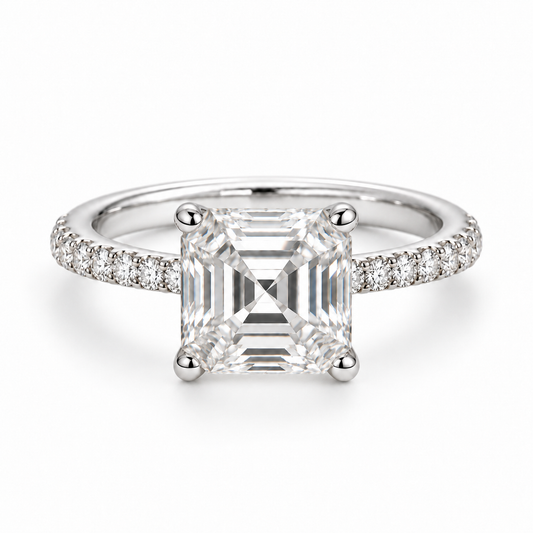 Asscher pavé engagement ring in white gold, enlarged center illustration, front view