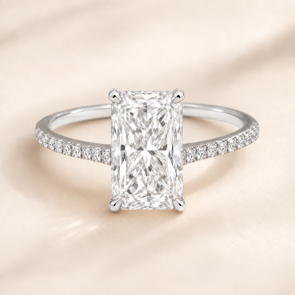 Aurora Radiant engagement ring in White Gold, front view