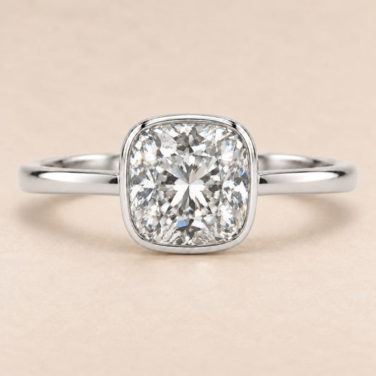 Cushion Bezel in 14K white gold, front view; generated draft review image