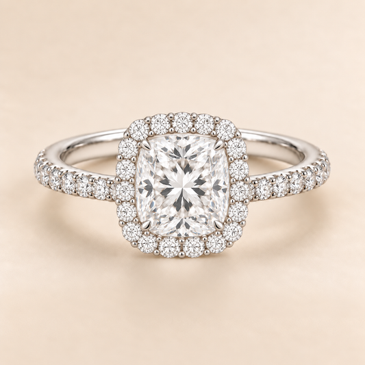Cushion Halo Diamond Band in White Gold, front view