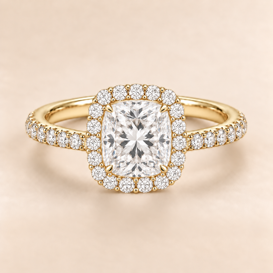 Cushion Halo Diamond Band in Yellow Gold
