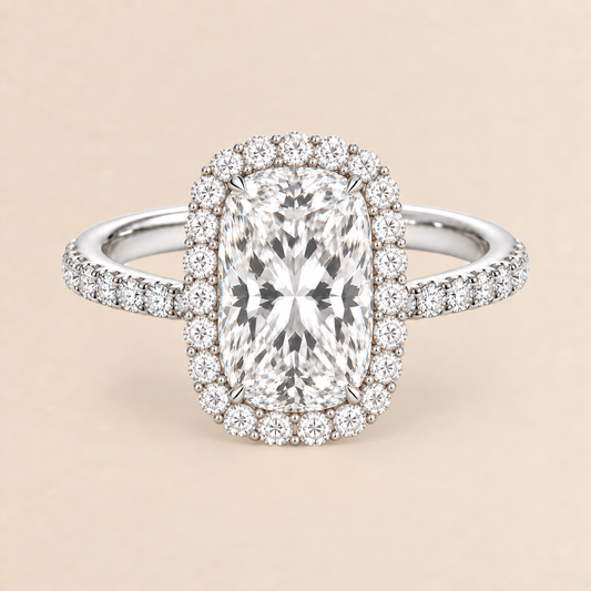 Elongated Cushion Halo Diamond Band in White Gold, front view
