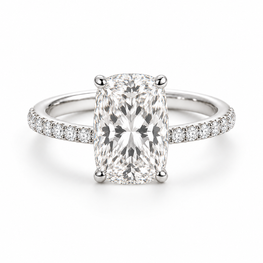 elongated cushion pavé engagement ring in white gold, front view