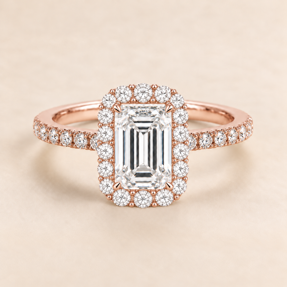 Emerald Halo Diamond Band in Rose Gold, front view