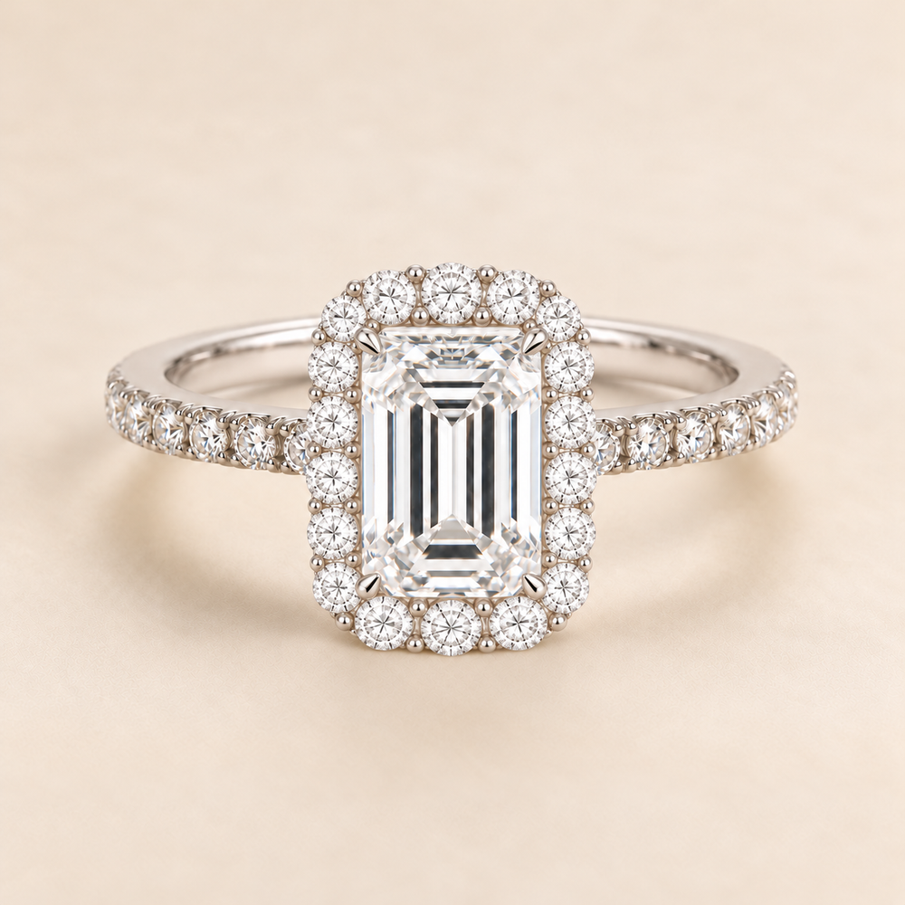 Emerald Halo Diamond Band in White Gold, front view
