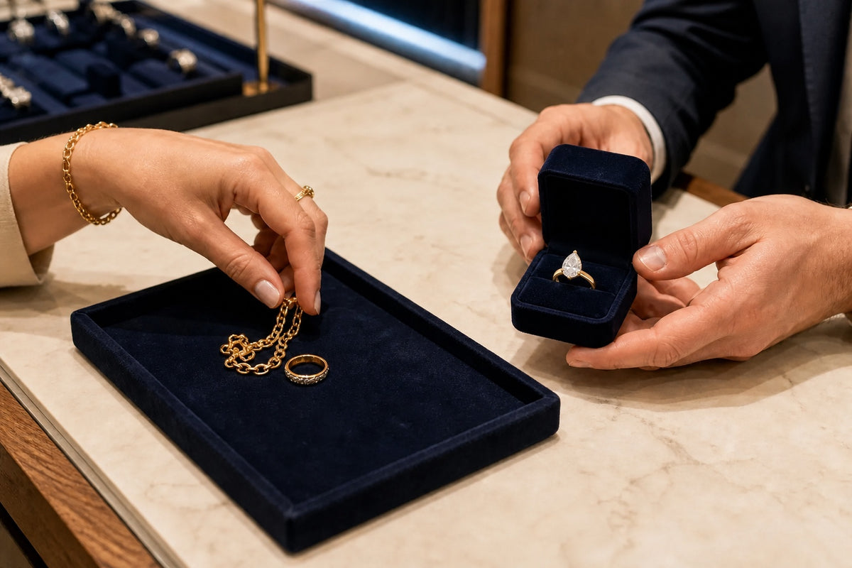 Gold jewelry contributing toward a pear-cut FERE engagement ring