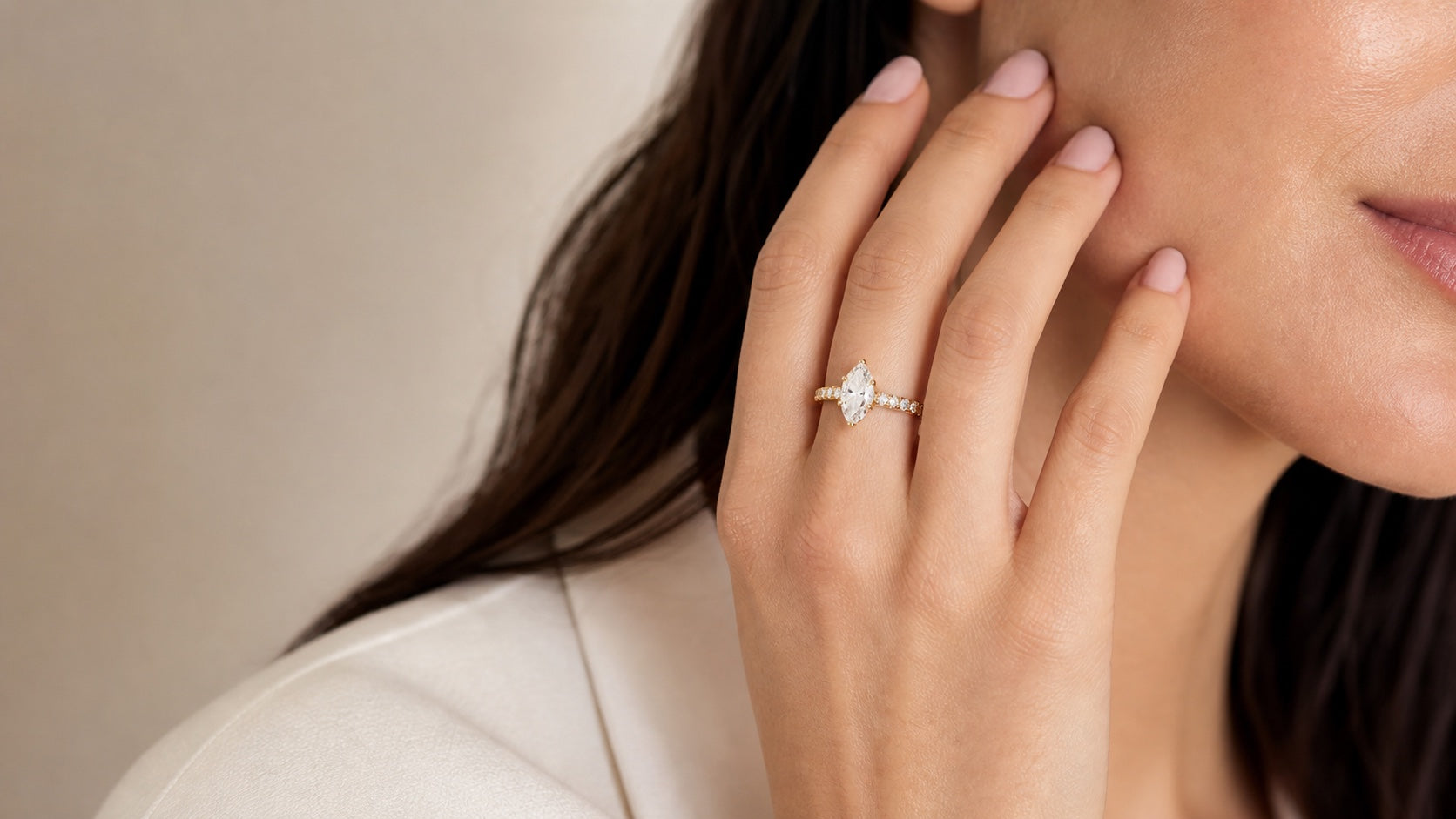 Close-up of the Marielle marquise diamond engagement ring
