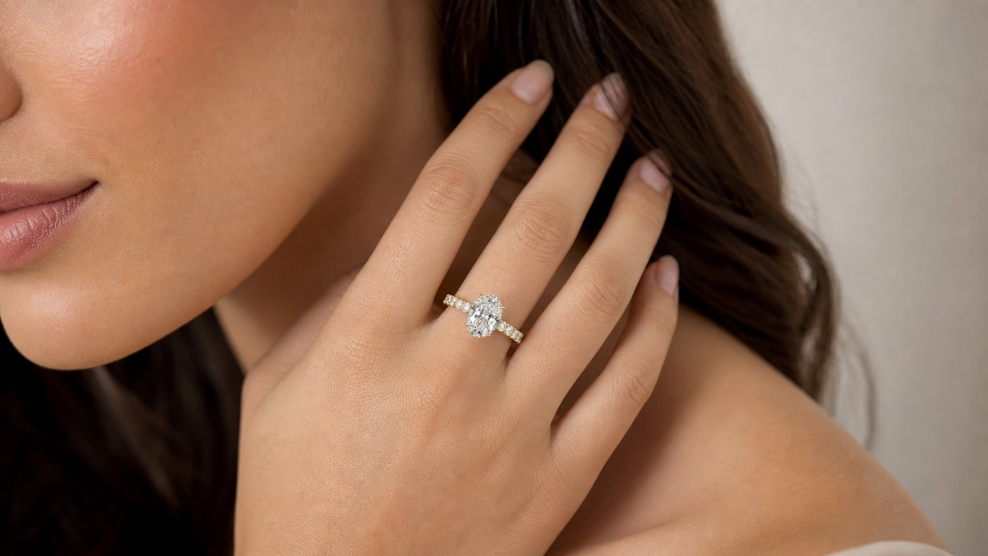 Close-up of the Ovelia oval diamond engagement ring