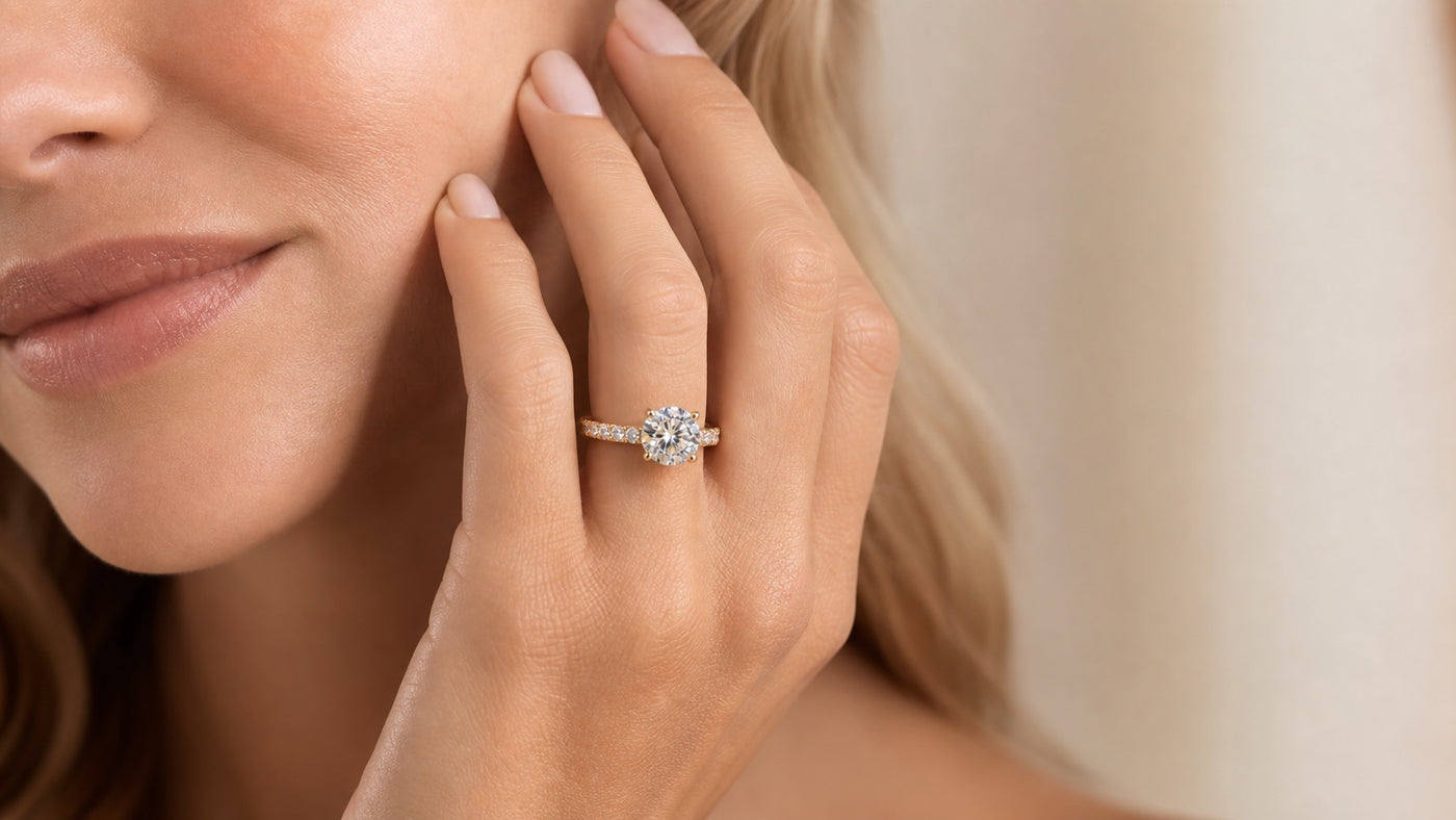 Close-up of the Roselle round diamond engagement ring