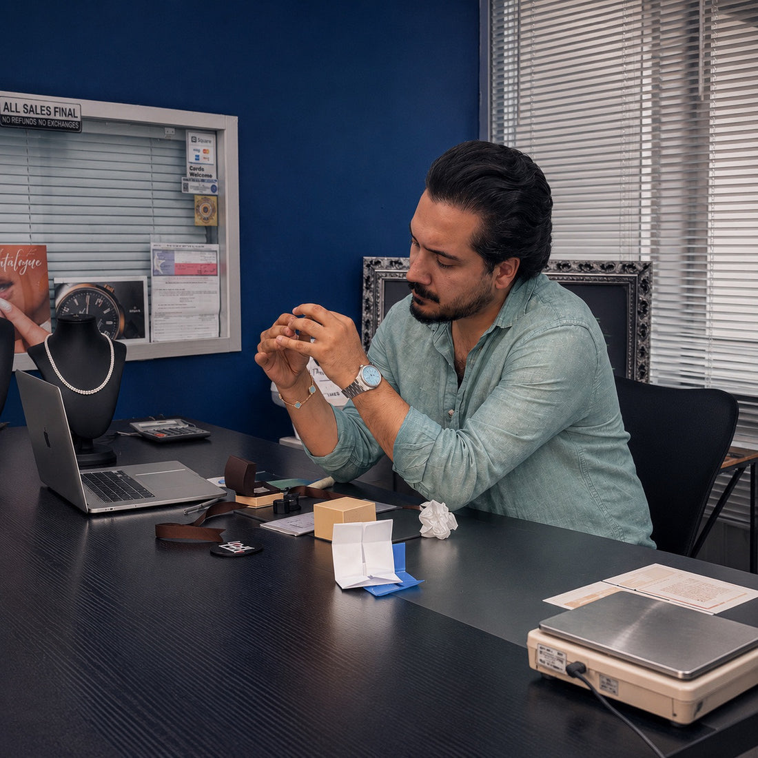Fere jeweler personally examining a jewelry piece in the Houston studio