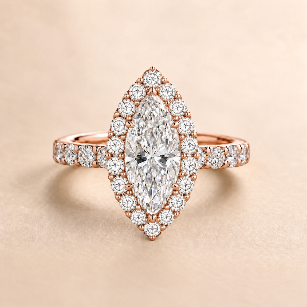 Marquise Halo Diamond Band in Rose Gold, front view