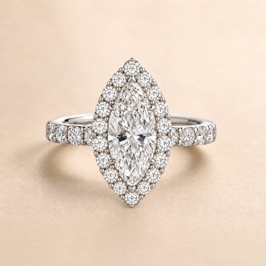 Marquise Halo Diamond Band in White Gold, front view