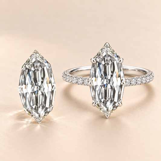 Illustrative Marquise Step loose diamond beside matching finished white-gold diamond-band ring