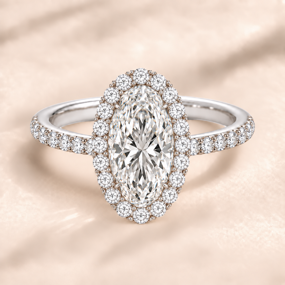 Moval Halo Diamond Band in White Gold, front view