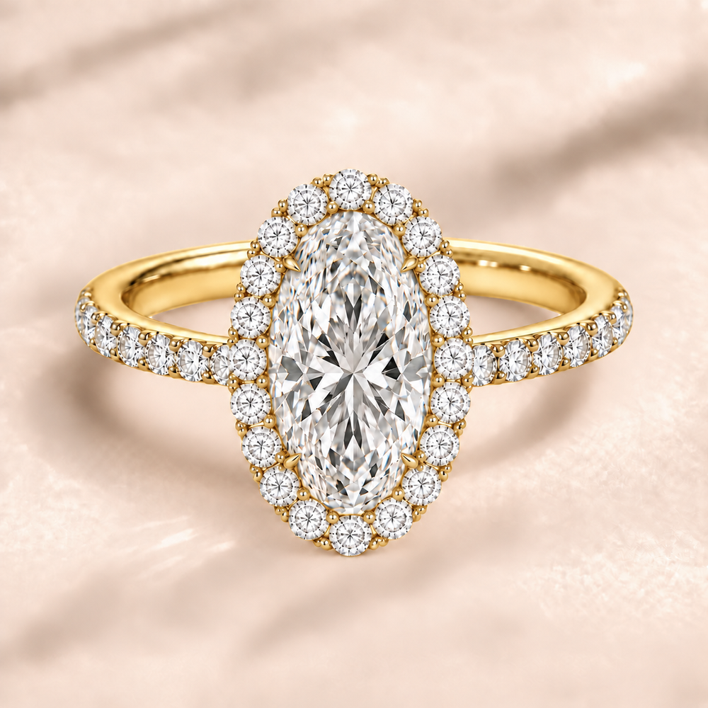 Moval Halo Diamond Band in Yellow Gold, front view