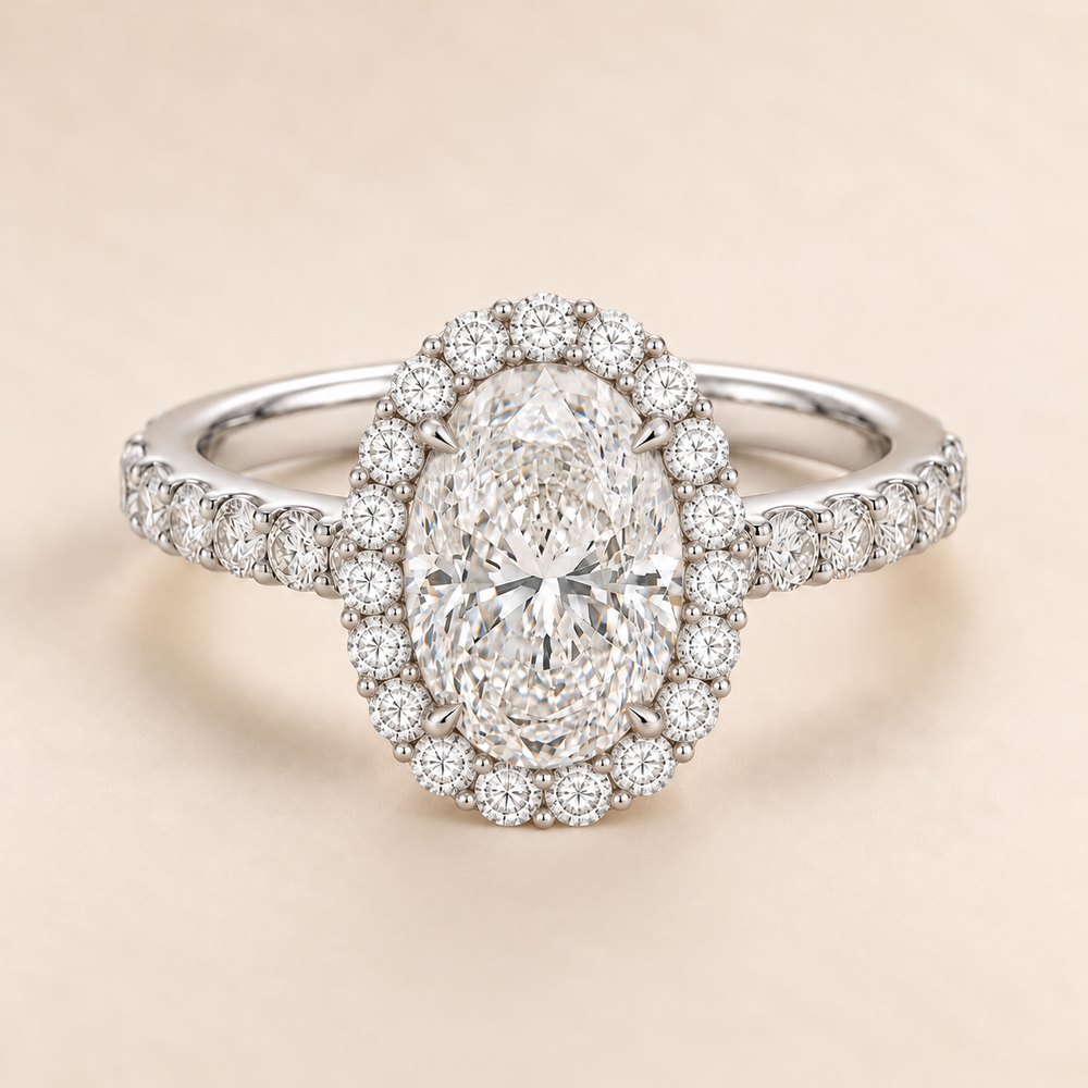 Oval Halo Diamond Band in White Gold, front view