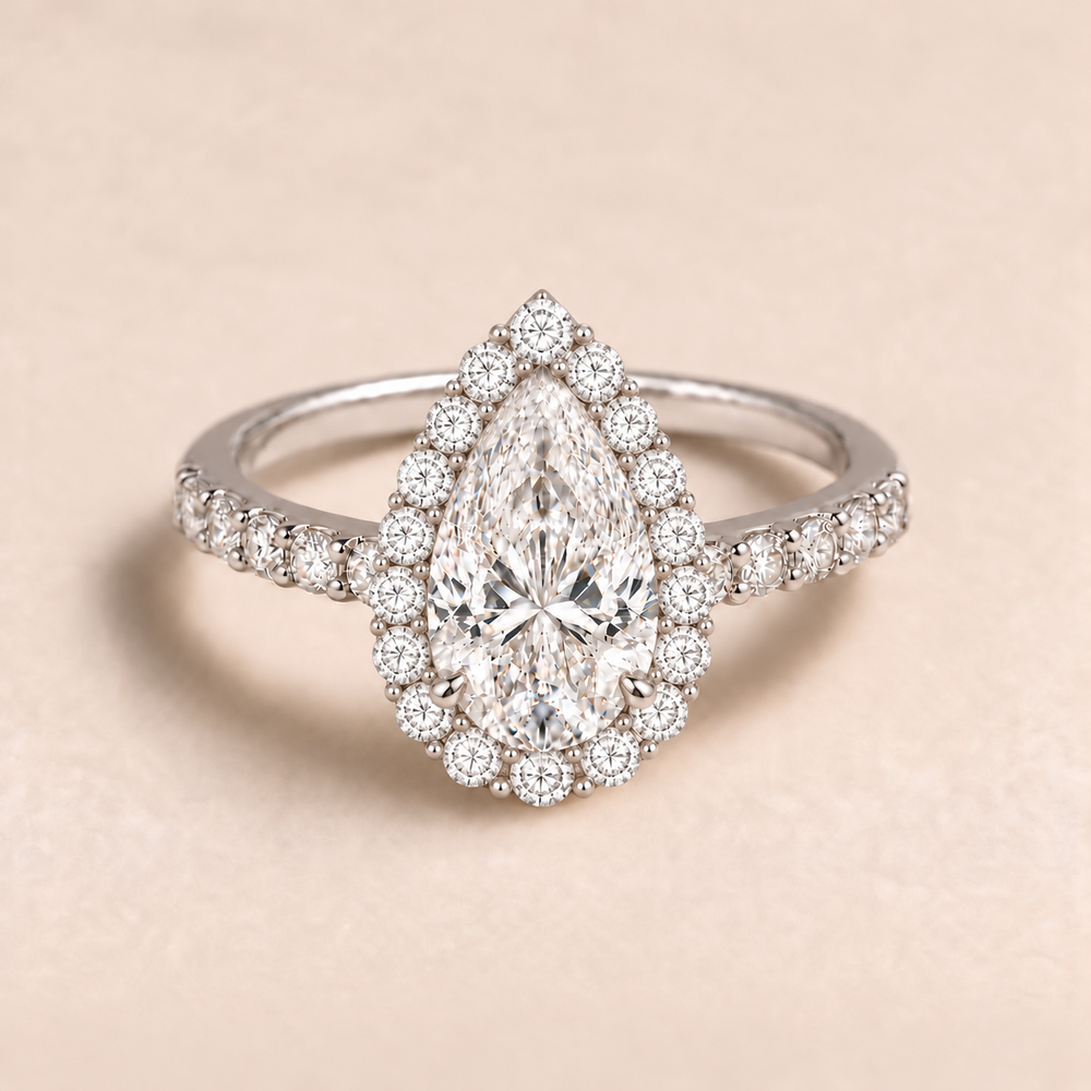 Pear Halo Diamond Band in White Gold, front view