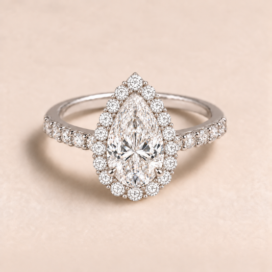 Pear Halo Diamond Band in White Gold, front view