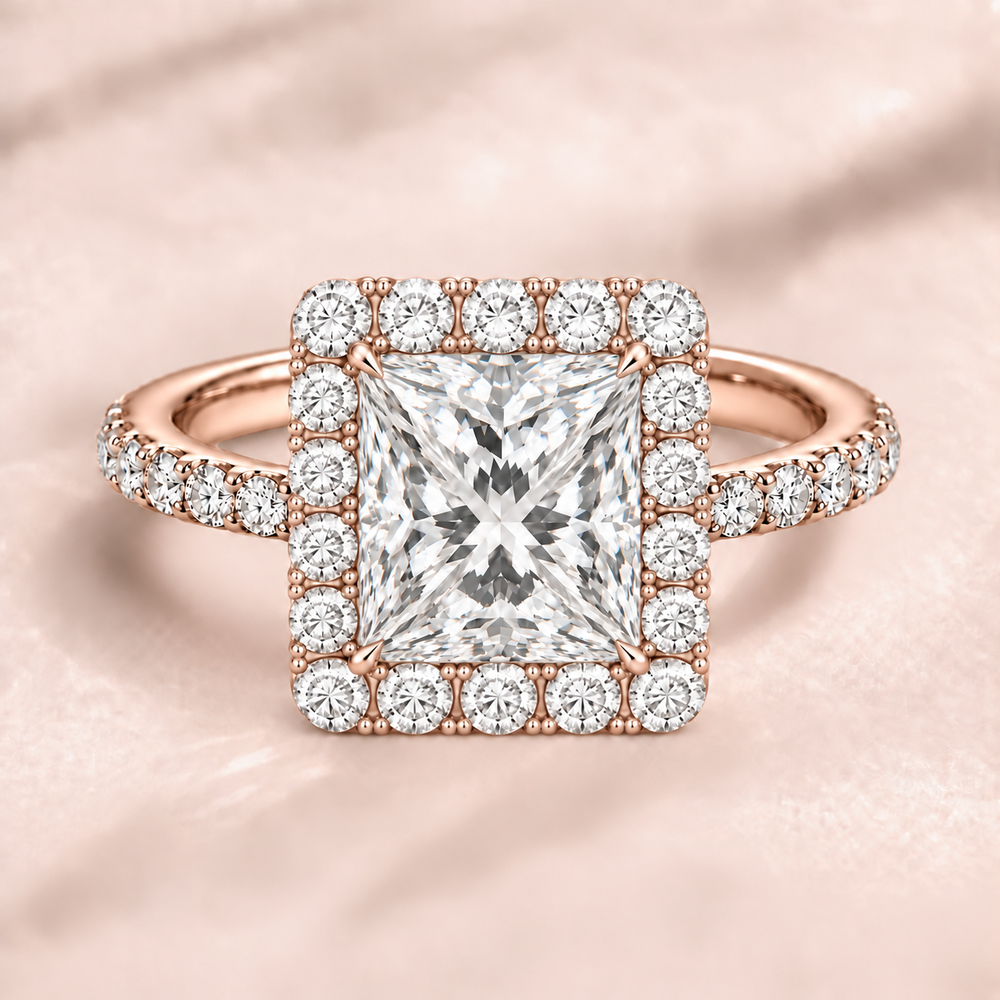 Princess Halo Diamond Band in Rose Gold, front view