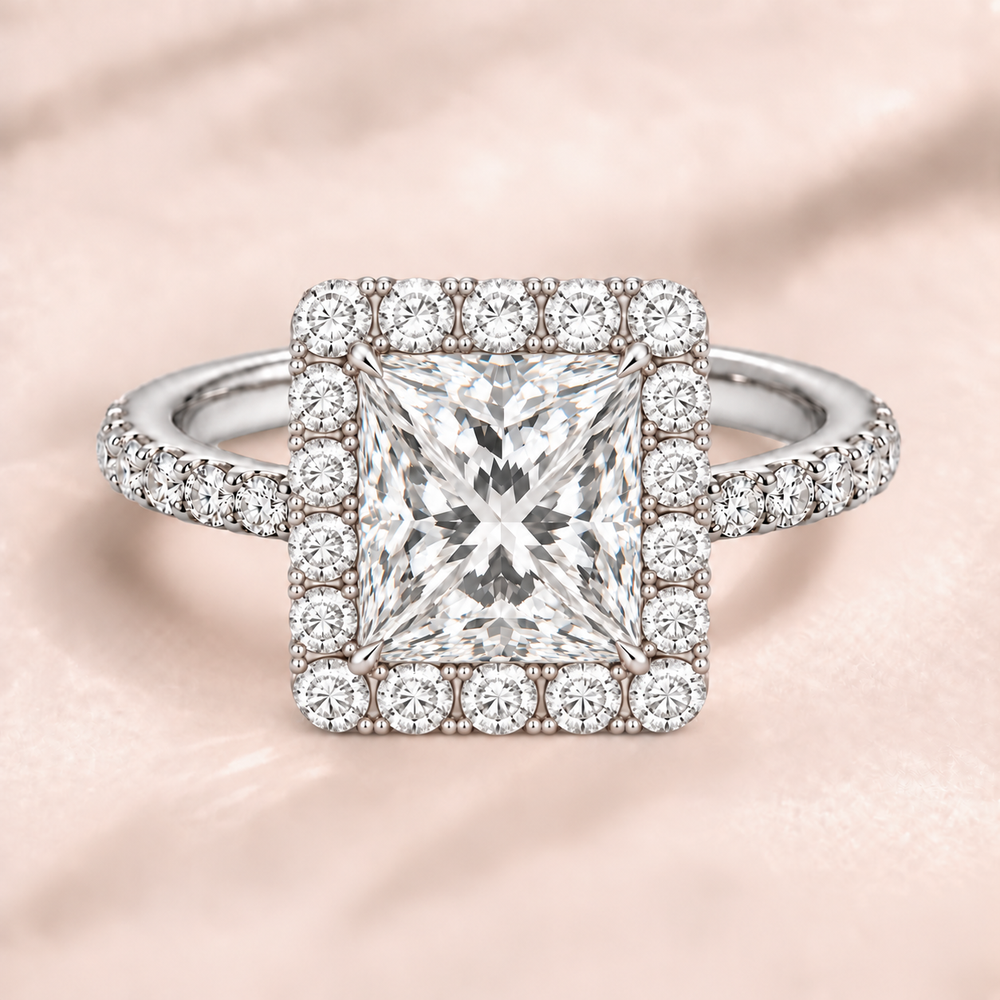 Princess Halo Diamond Band in White Gold, front view