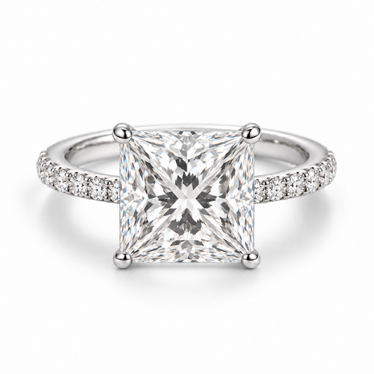 Princess pavé engagement ring in white gold, balanced center, front view