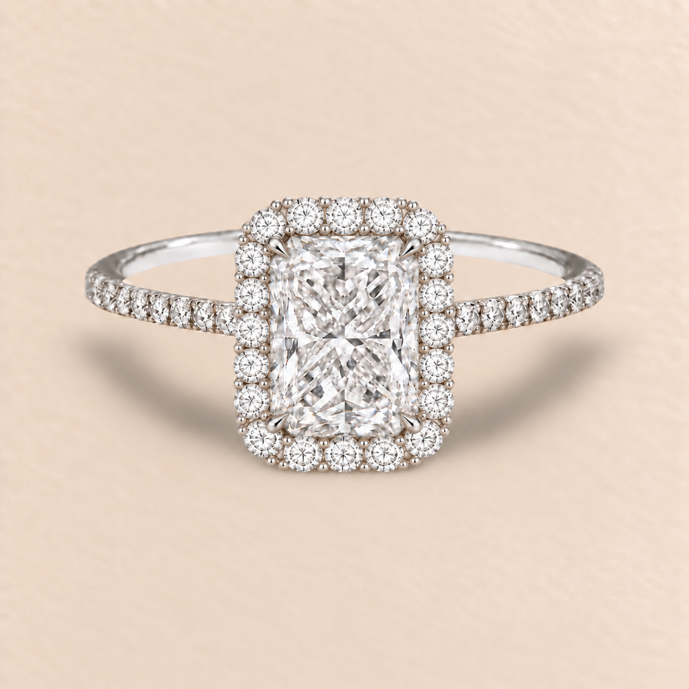 Radiant Halo Diamond Band in White Gold, front view