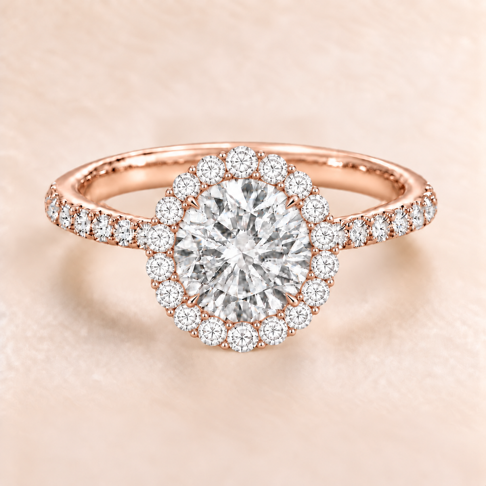 Round Halo Diamond Band in Rose Gold, front view