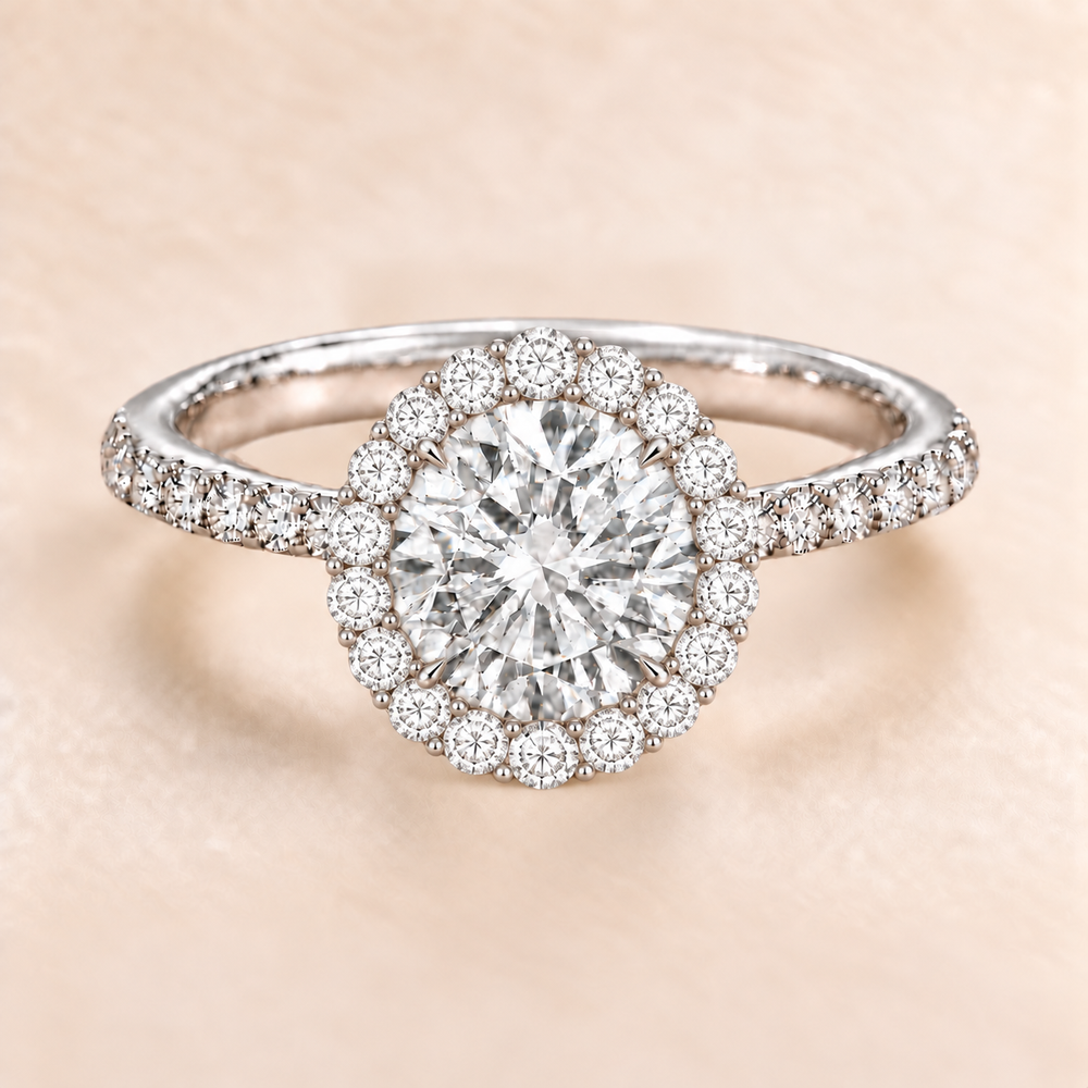 Round Halo Diamond Band in White Gold, front view