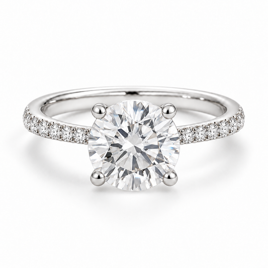 Round pavé engagement ring in white gold, enlarged center illustration, front view