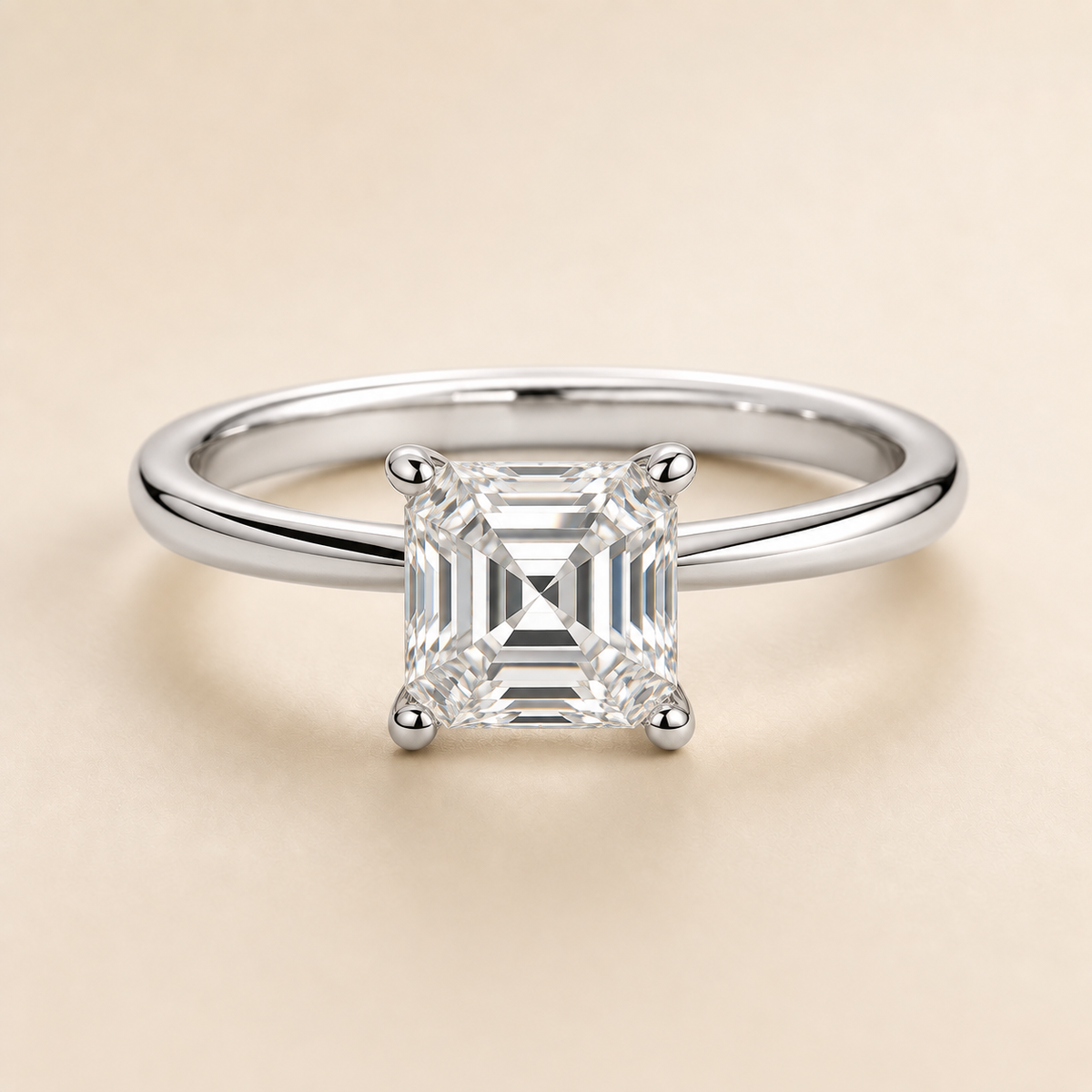 Asscher solitaire engagement ring in White Gold — front view