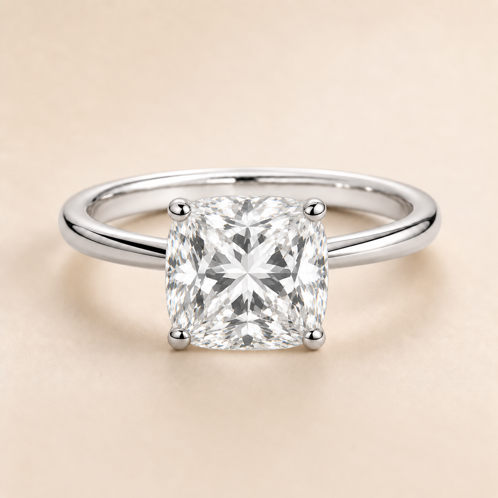 cushion solitaire engagement ring in White Gold, enlarged front view