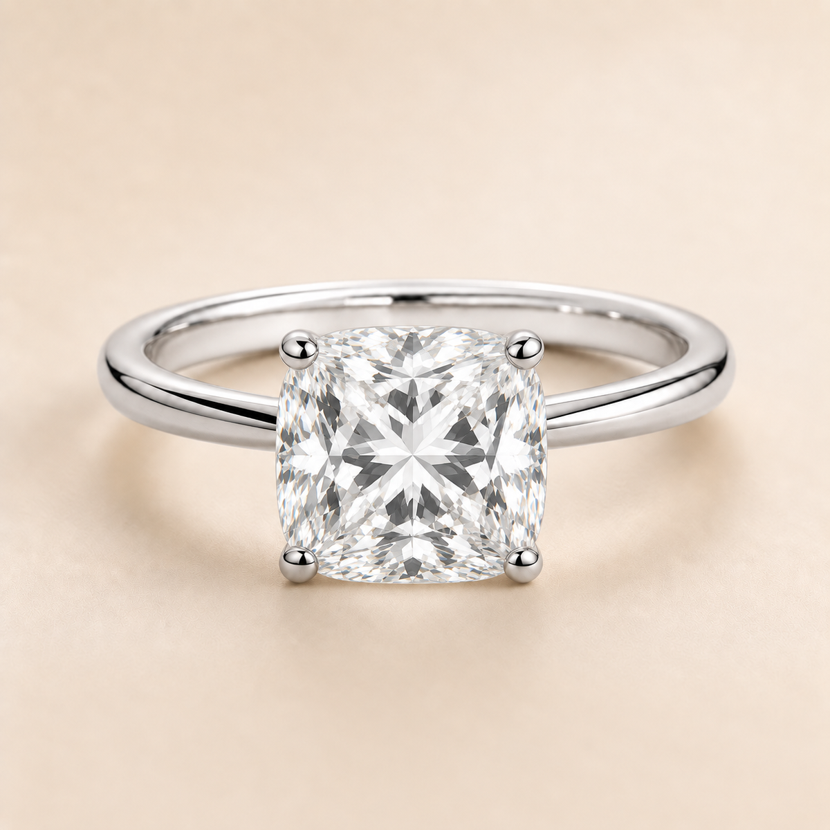 Cushion solitaire engagement ring in White Gold — front view