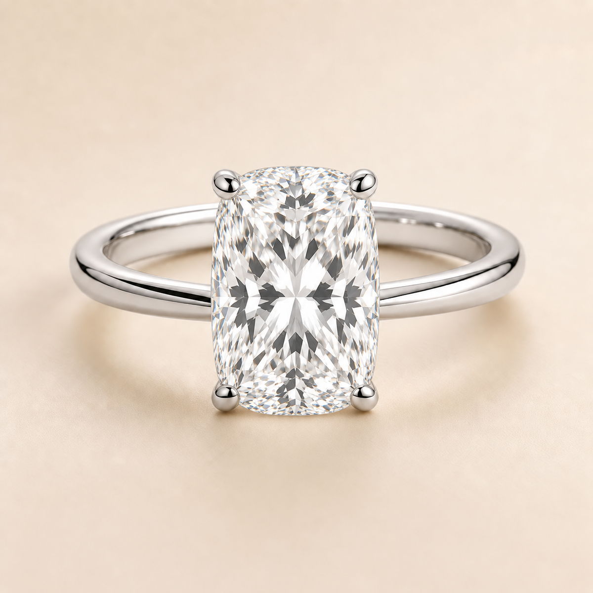 Elongated Cushion solitaire engagement ring in White Gold — front view