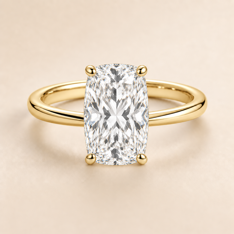 elongated cushion solitaire engagement ring in Yellow Gold, enlarged front view