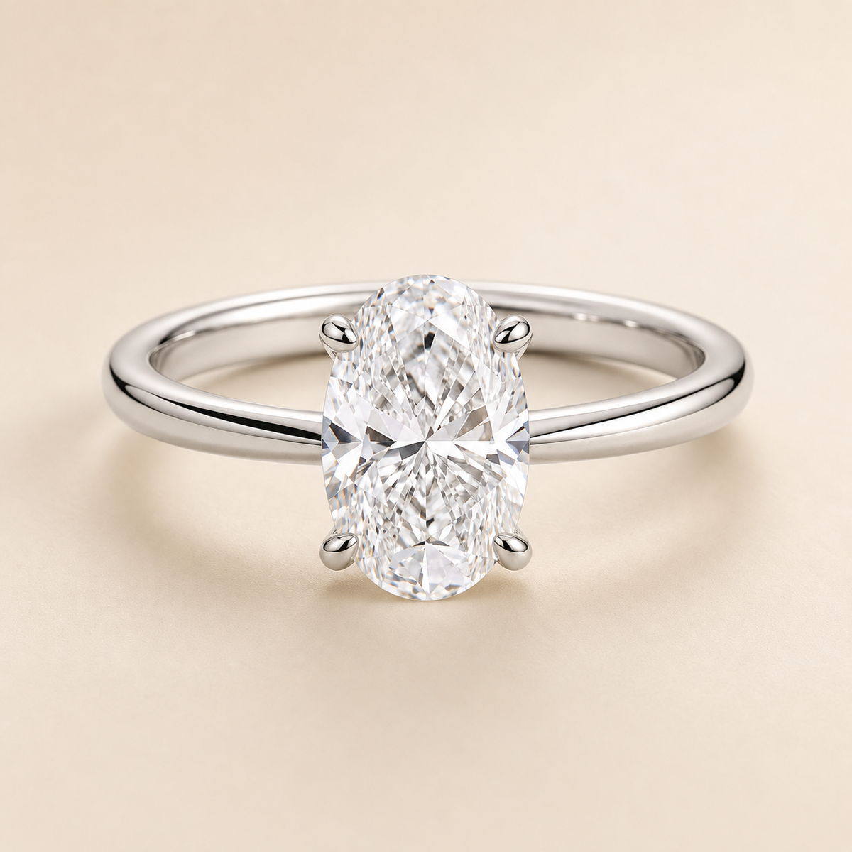 Oval solitaire engagement ring in White Gold — front view