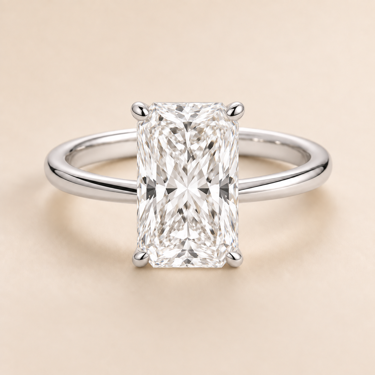 Radiant solitaire engagement ring in White Gold — front view
