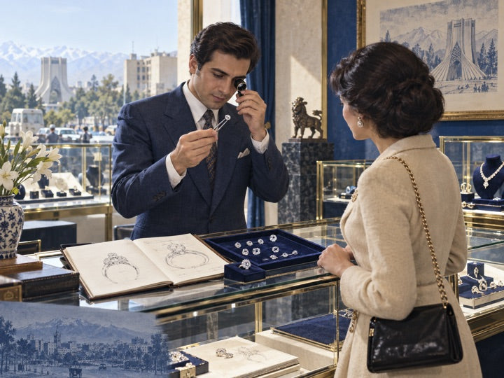 Historical illustration of a younger jeweler examining a gemstone with a customer at a jewelry counter