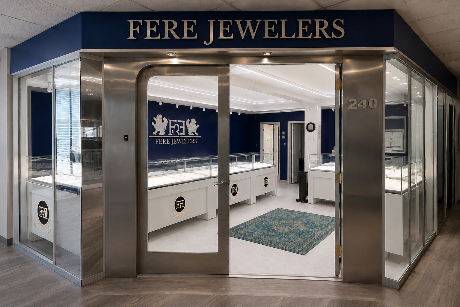 FERE Jewelers Houston showroom entrance with the storefront sign and Suite 240 visible