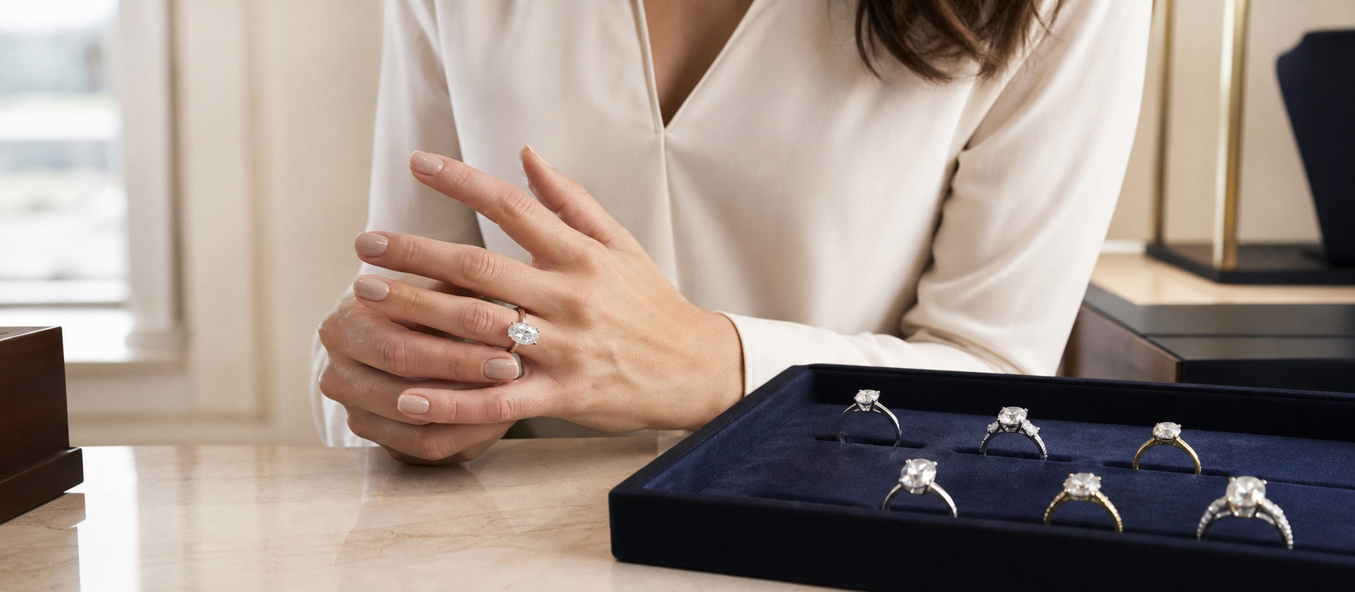 Private engagement-ring consultation with diamond rings presented on a navy tray