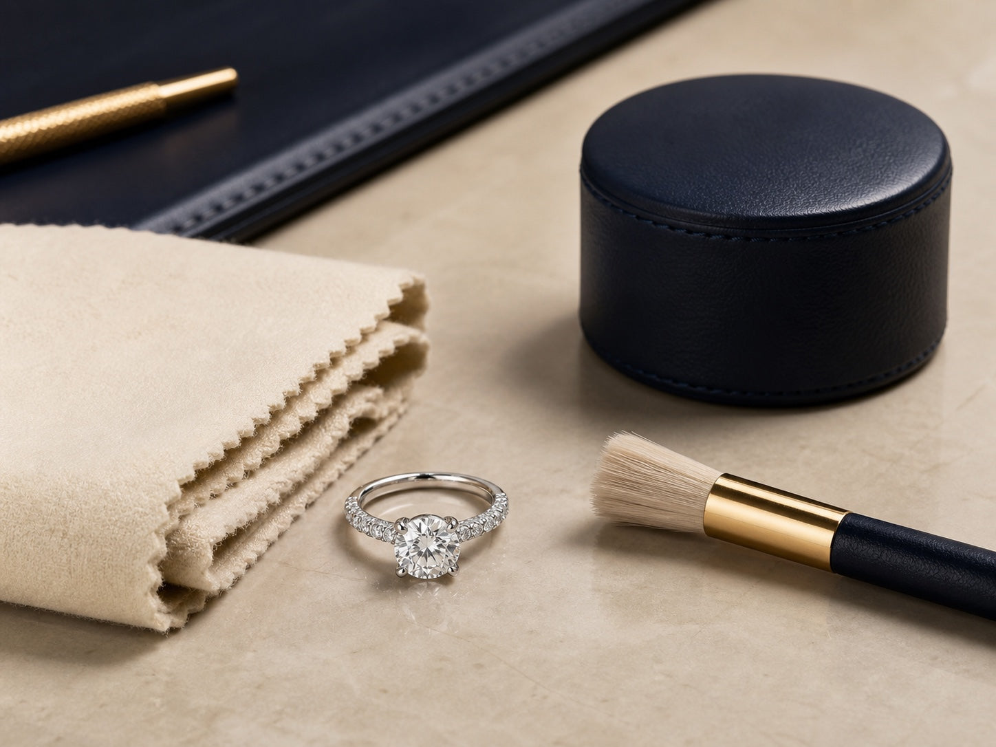 Jewelry service tools beside a fine jewelry piece