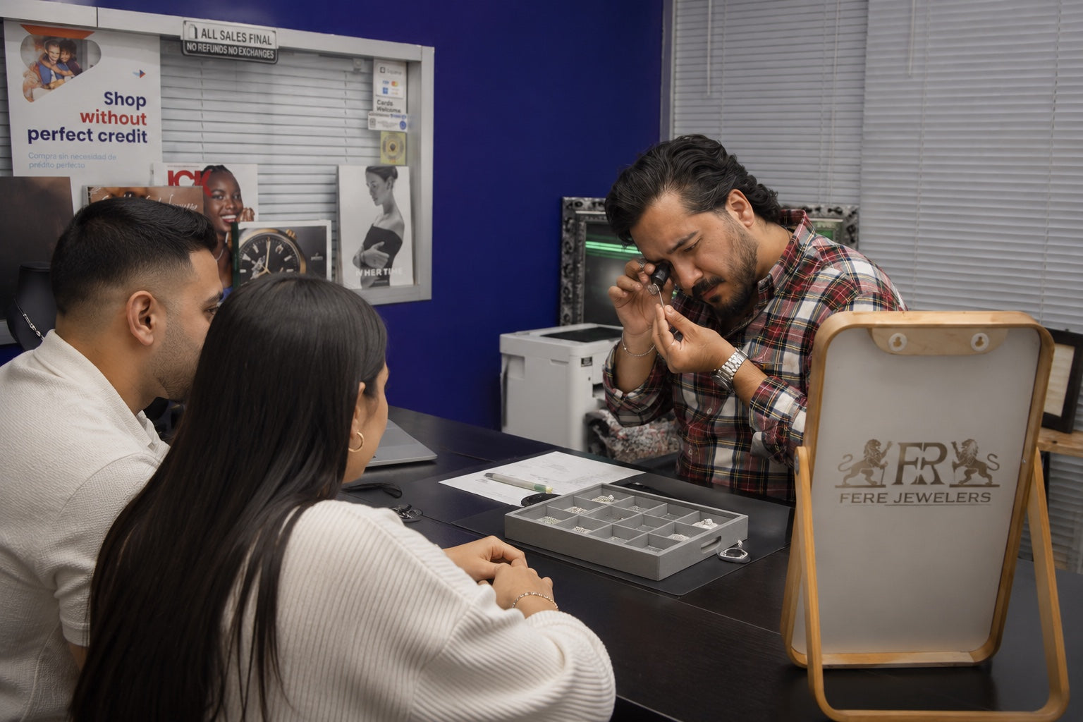 Hossein Fere guiding clients during a jewelry consultation