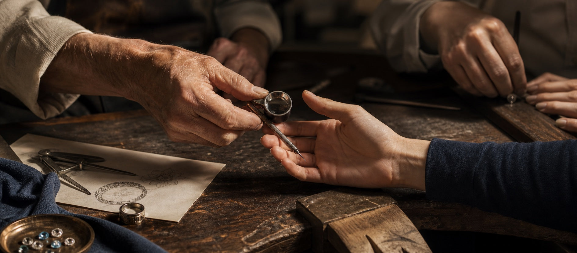 An elder jeweler passing a loupe and jewelry tool to the next generation at a traditional workbench