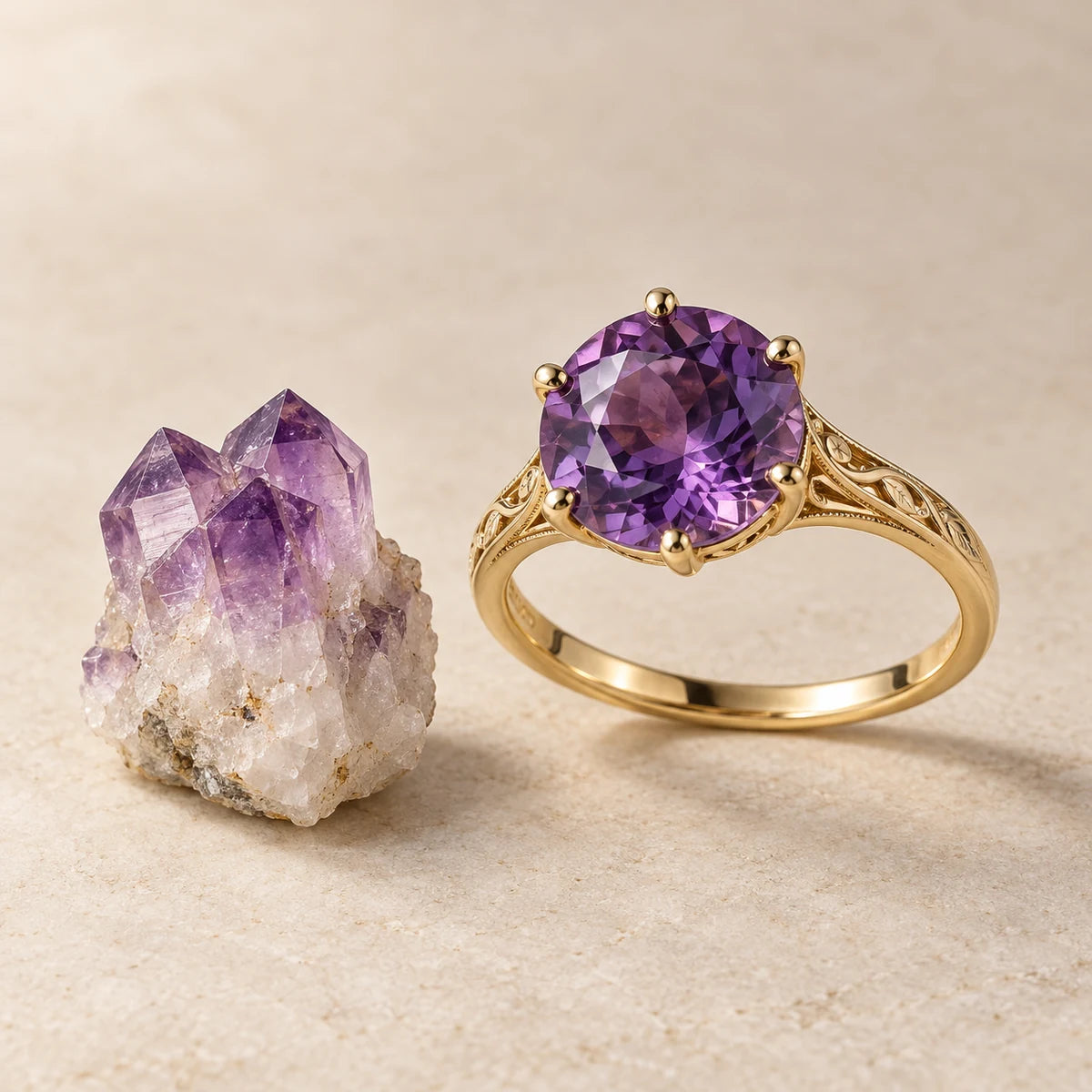 AI-created Amethyst design inspiration: a rough specimen beside a Round ring in one scene